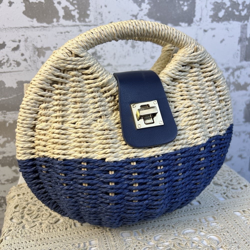 Shiraleah Chicago Straw Clamshell Mini Purse Blue Natural Beige Coastal Beach - Picture 3 of 16